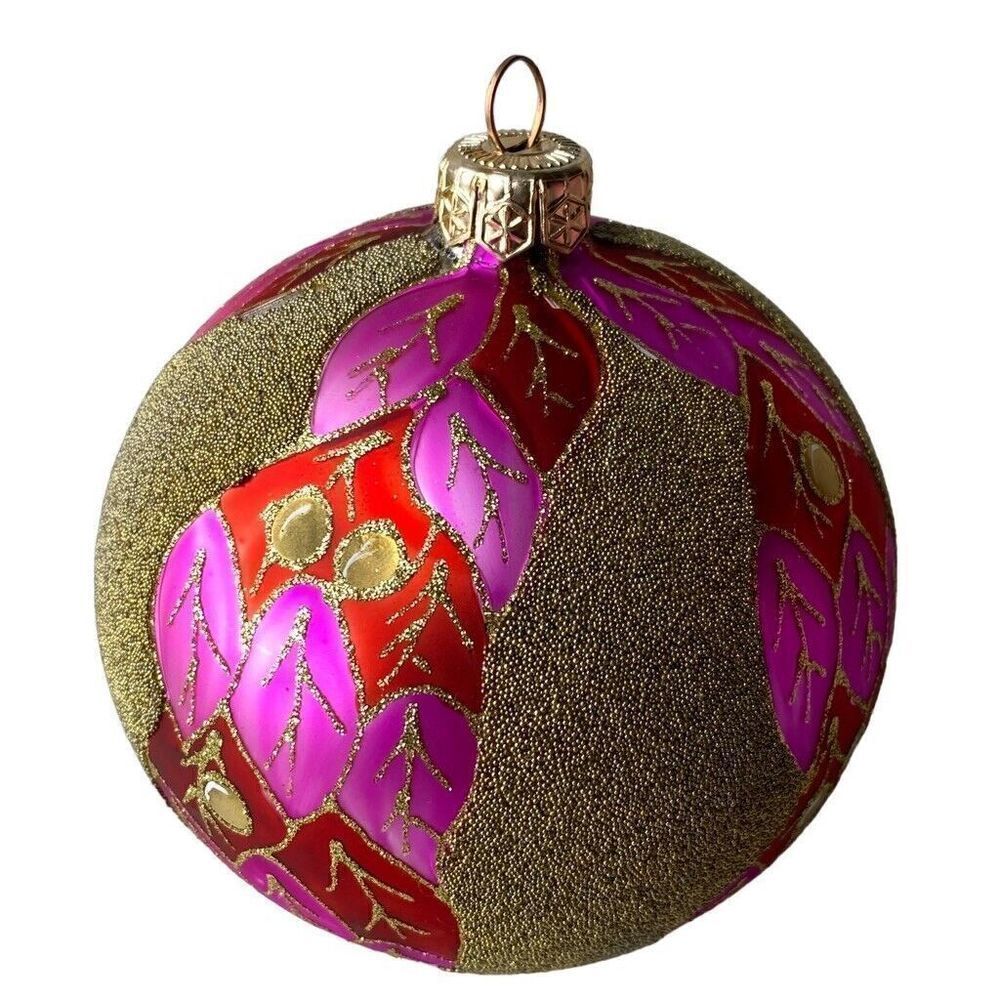 Vintage 4” Mercury Glass Pink,Red,Gold Large Christmas Hand Painted Ornament OR1